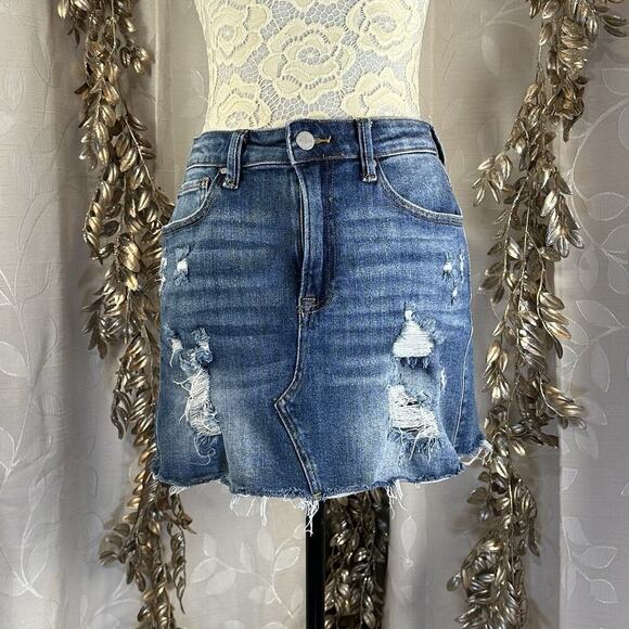 Risen Women’s M Medium Wash Distressed Stretch Y2K Frayed Denim Mini Skirt - Picture 3 of 11